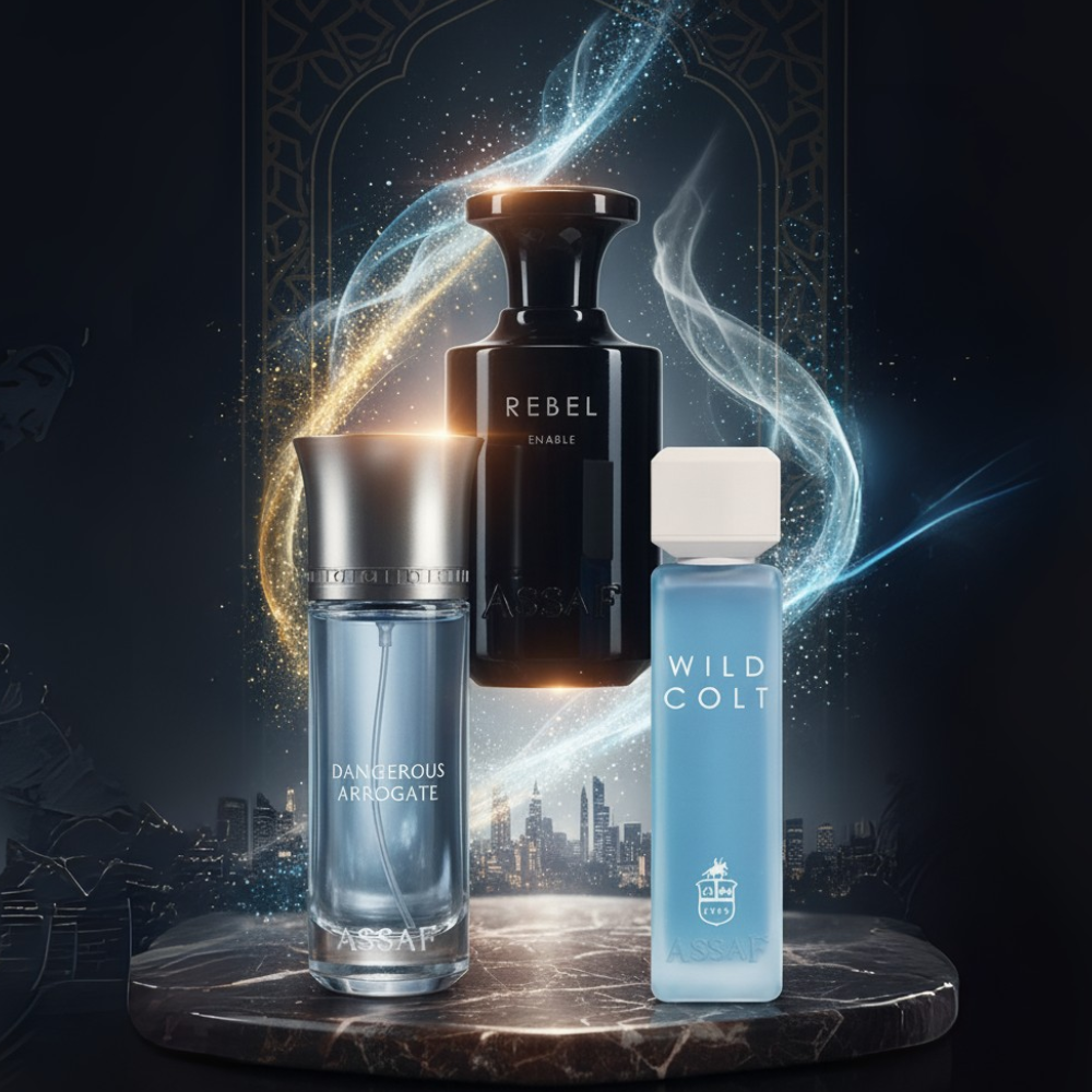 باقة 3 عطور رجالية من عساف | Dangerous Arrogant – Wild Colt – Rebel | قوة وأناقة في زجاجات فاخرة